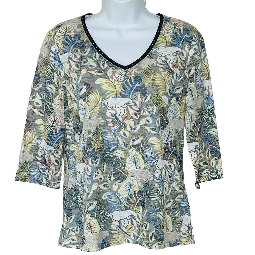 Jungle Cougar Print Top M V Neck Made France Concept K 3/4 Sleeves Lightweight